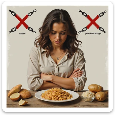 realistic style woman with crossed arms, face turned away, in front of a plate with bread, pasta, rice, and potatoes, symbols of refusal including a red Italian X and chains, Italian text if present sticker