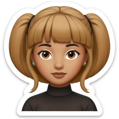 In Apple Memoji format, a girl with bangs and her hair in a bun. The girl has light brown skin and arab ethnic features sticker