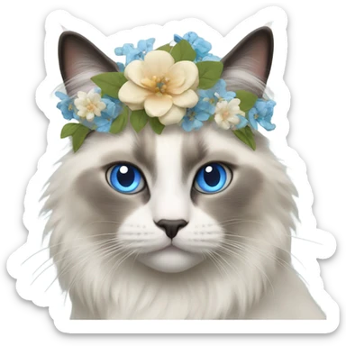 Realistic ragdoll cat with blue eyes wearing flowers  sticker