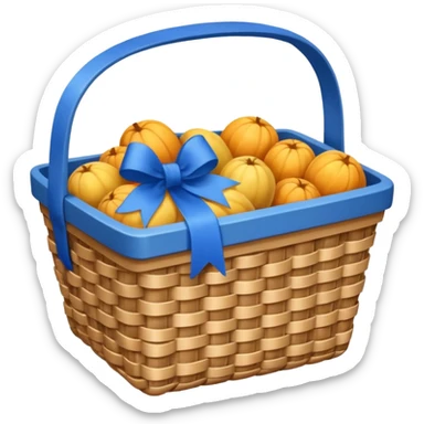 A basket with a blue ribbon on the handle sticker