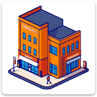Isometric Sainsbury's Local smaller format store with orange facade, ATM outside, and pedestrians with shopping bags sticker