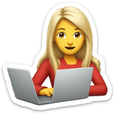 Young white woman in red, long blonde hair with bang, writing on laptop sticker