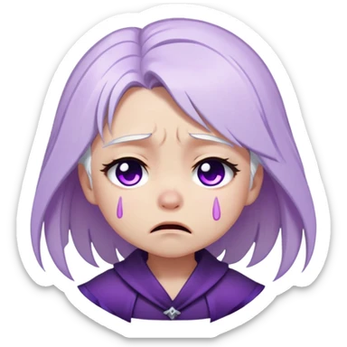 Chibi Sable Ward crying, teary eyes, pouty mouth, tears falling, white hair with purple streaks, fully purple eyes, sad expression sticker