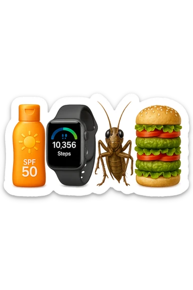 emoji stile iphone di una boccetta di CREMA SOLARE, UNO SMARTWATCH CONTAPASSI, UN GRILLO, UNA TORRETTA DI HAMBURGER FATTI CON I PISELLI, IPERREALISTICO 4K sticker