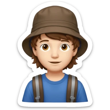a young student boy with the backpack with bucket hat, brown wavy hair sticker