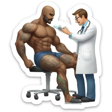 Body builder tattoo doctor inspecting leg sticker