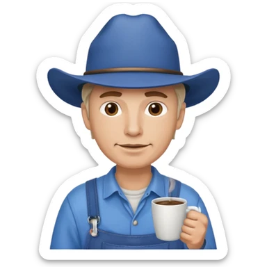 Ranch hand with blue hat and coffee mug sticker