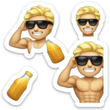 Muscular blonde boy with sunglasses and a proteins shake sticker