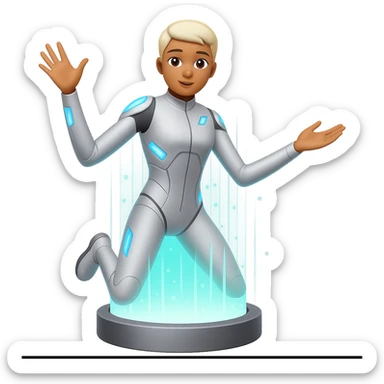 Make the background fully transparent while keeping the person teleporting and machine in an emoji style. sticker