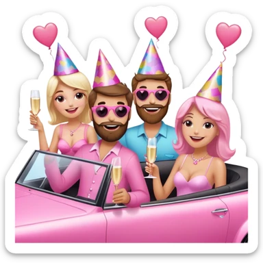 A bearded man and three women in a pink convertible with hearts blowing behind it sticker