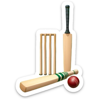 A cricket bat and ball resting on a well-manicured pitch, with the stumps and bails in the background. The scene emphasizes the traditional elements of the game, with the bat poised for a shot and the field reflecting a calm, competitive atmosphere. sticker