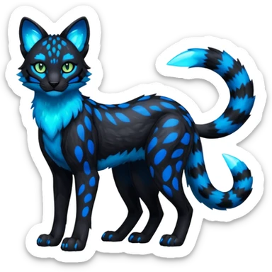 Realistic Obsidian-pitch-black fur body with neon-glowing-blue ring-markings Grem2-Gremz-serval-panther-Sergal-fusion, full body  sticker