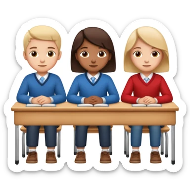 three school children sitting in a row behind their school desks sticker