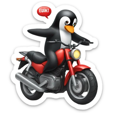 A penguin riding a motorbike making a rock sign like Spider-Man sticker