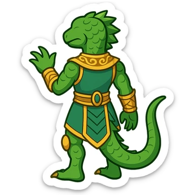 Create a full body reptilian humanoid in an ancient outfit, shown from the back view. Match the style and details of the provided reference image but adapt it to the emoji style. The image should have no background. sticker