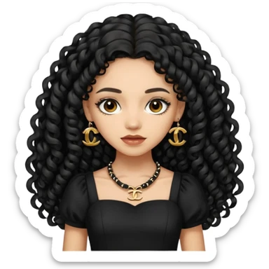 Light skin girl with black very long curly hair, brown eyes, black Chanel dress sticker