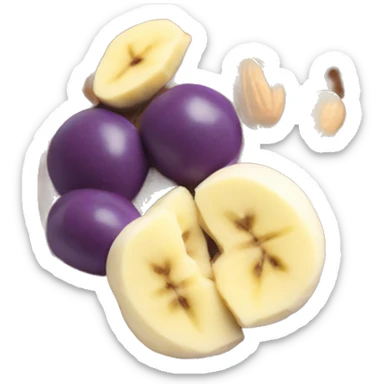 Purple acai bowl in glass layered with peanut butter, banana, almonds sticker