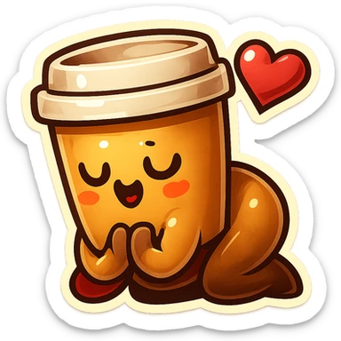 Tall coffee cup, bowing on knees, gushing with love, worship sticker