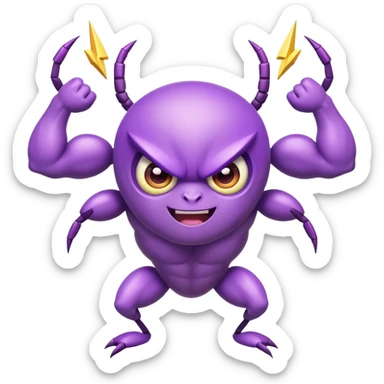 cute purple bug with big expressive eyes, strong muscular arms, a fun happy expression, and electric lightning bolt arms sticker