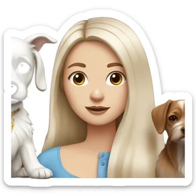 white girl with brown long hair and a small white dog sticker