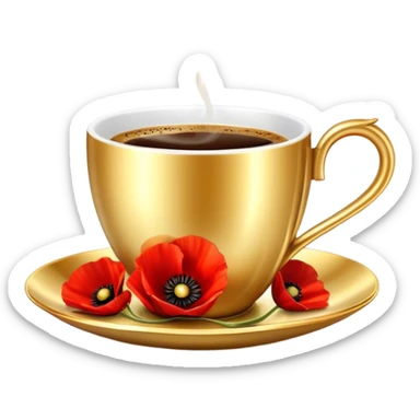 A luxurious golden coffee cup with an elegant curved handle, filled with steaming espresso. The light reflects off its metallic surface, creating a cozy and sophisticated ambiance and red poppies  sticker