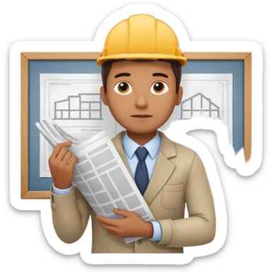 thinking architect in office cloth without helmet that holds architecture plan and is in thinking pose sticker