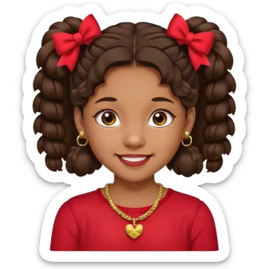 Brownskin girl dark brown hair fluffy. pigtails with red bows brown eyes smiling closed mouth red shirt gold esrrings gold necklace sticker