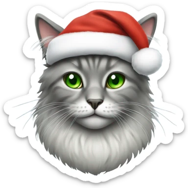 Grey fluffy cat, green eyes, wearing a Santa hat sticker