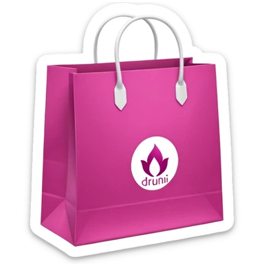 bolsa de papel fucsia con asas blancas y en el centro de la bolsa el logo de druni perfumerias en color blanco sticker