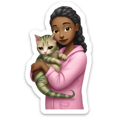 Reptilian alien woman in pink pajamas, hugs a tabby cat sticker