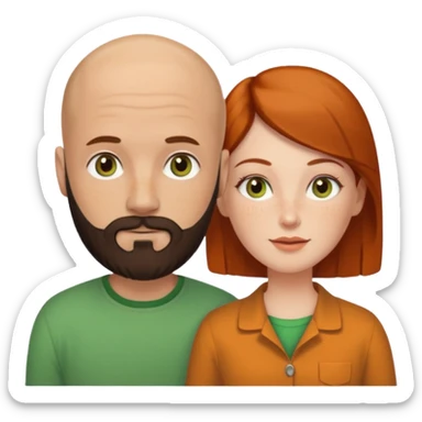 Couple. Bald man with dark brown-black beard. White woman with many small, faded freckles, she has white skin and she has auburn-yellow-brown-cinnamon, dark hair. She has light orange-brown eyes. The man have hazel eyes. They like green. Retro style. sticker