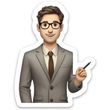 Pale skinned fit man with dark brown hair in gray jacket, beige office shirt, brown tie, brown pants and vintage glasses Writing on the flipchart sticker