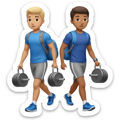 two boys walking, wearing gym clothes and carrying gym equipment, full body sticker