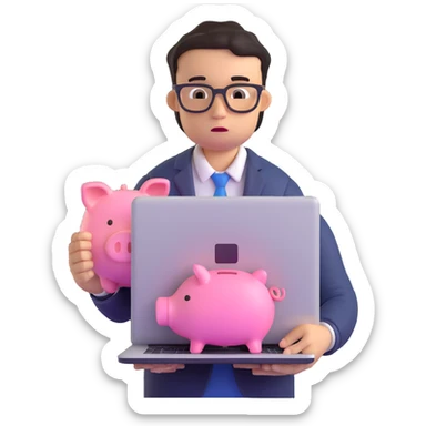 A student with a laptop and a piggy bank, looking tired sticker