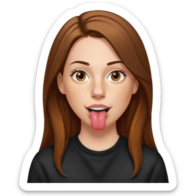 A 38 year old white woman with long brunette hair parted in the middle. She has her nose pierced. Her nose is medium sized. She has brown eyes. She has freckles and is wearing a black sweatshirt and is sticking out her tongue. sticker