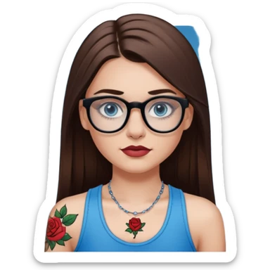 White girl with long straight brown hair and blue eyes wearing plastic frame glasses that go from black to clear ombré from top to bottom. Stud nose piercing on right side of nose and a septum piercing. Wearing black tank top. Rose tattoo on right arm. sticker