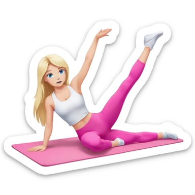 A cinematically realistic blonde with long hair and blue eyes, dressed in a white top and pink leggings, performs a sports exercise on a mat sticker