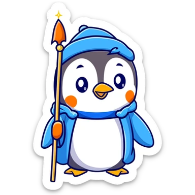 cartoon penguin wizard with a blue robe and sparkly hat, holding a glowing staff sticker