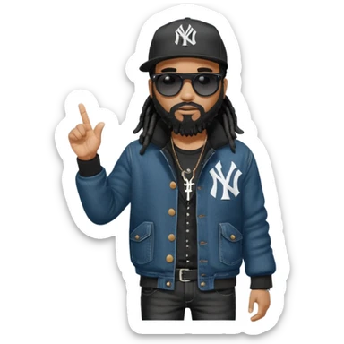 African American man with shoulder length black dreadlocks with black beard wearing black sunglasses wearing a New York Yankees logo baseball cap wearing a dark black bubble winter coat wearing denim skinny jeans and Timberland boots hand pointing to the right sticker
