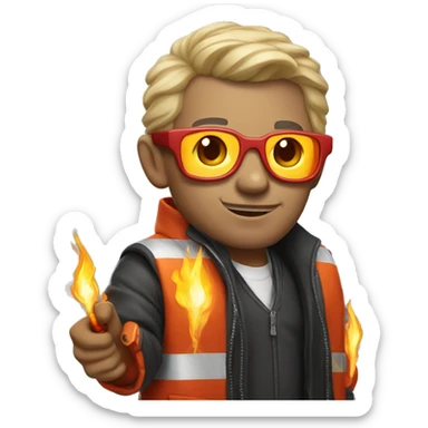 man with fire glasses and a mechanical arm attached to his jacket sticker