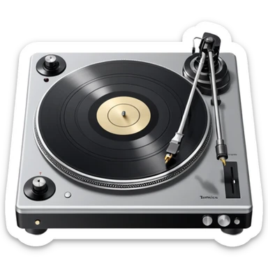 Technics turntable, perfect proportions, smooth wax-like texture, detailed platter and tonearm, silver and black color scheme sticker