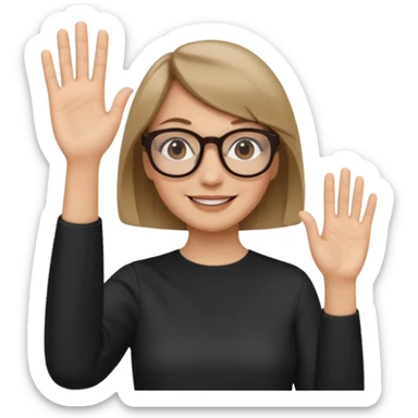 woman dark blonde petite bob haircut wears dark squarish glasses, classic clothes, smiling, waving, a tad older sticker