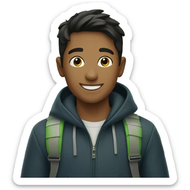 Dark hair boy smiling outdoors with green leafs sticker