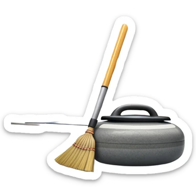 An icon showing a detailed close-up of a curling stone sliding across the ice, with a broom in motion beside it. The background features an indoor stadium with cheering spectators on the stands. Transparent background captures the strategy and focus of curling. sticker