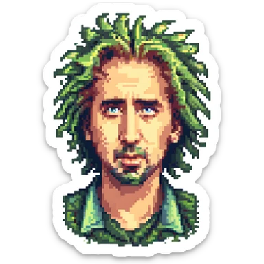 Nicholas Cage with wild hair, expressive face, pixelated, 8-bit color palette sticker