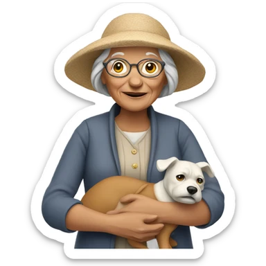 an old woman figure holding a dog sticker