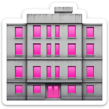 Soviet-era concrete rectangular apartment block with a single window emitting bright pink UV light, stark gray facades with slight disrepair sticker