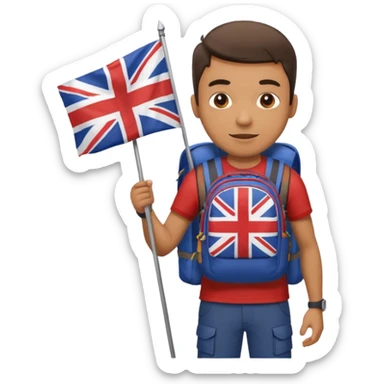 A guy with a hiking backpack and a Union Jack on his T-shirt holds the Union Jack. sticker