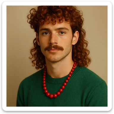 attractive man with red curly hair, curly mullet, and mustache, wearing a green sweater and a red necklace, in a visually appealing style sticker