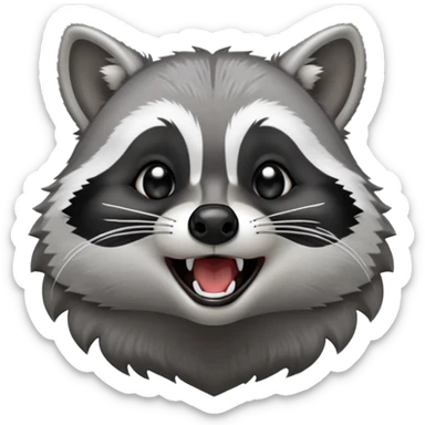 Cinematic-cute realistic- Yawning Raccoon-Portrait-Emoji – Poised and confident, wide-open yawn, revealing a soft grey with a sturdy build and a beautifully textured fur of silver-grey accented by dark black facial markings, deep-set, big black eyes, simplified yet sharp and sophisticated zoom out to show shoulders sticker